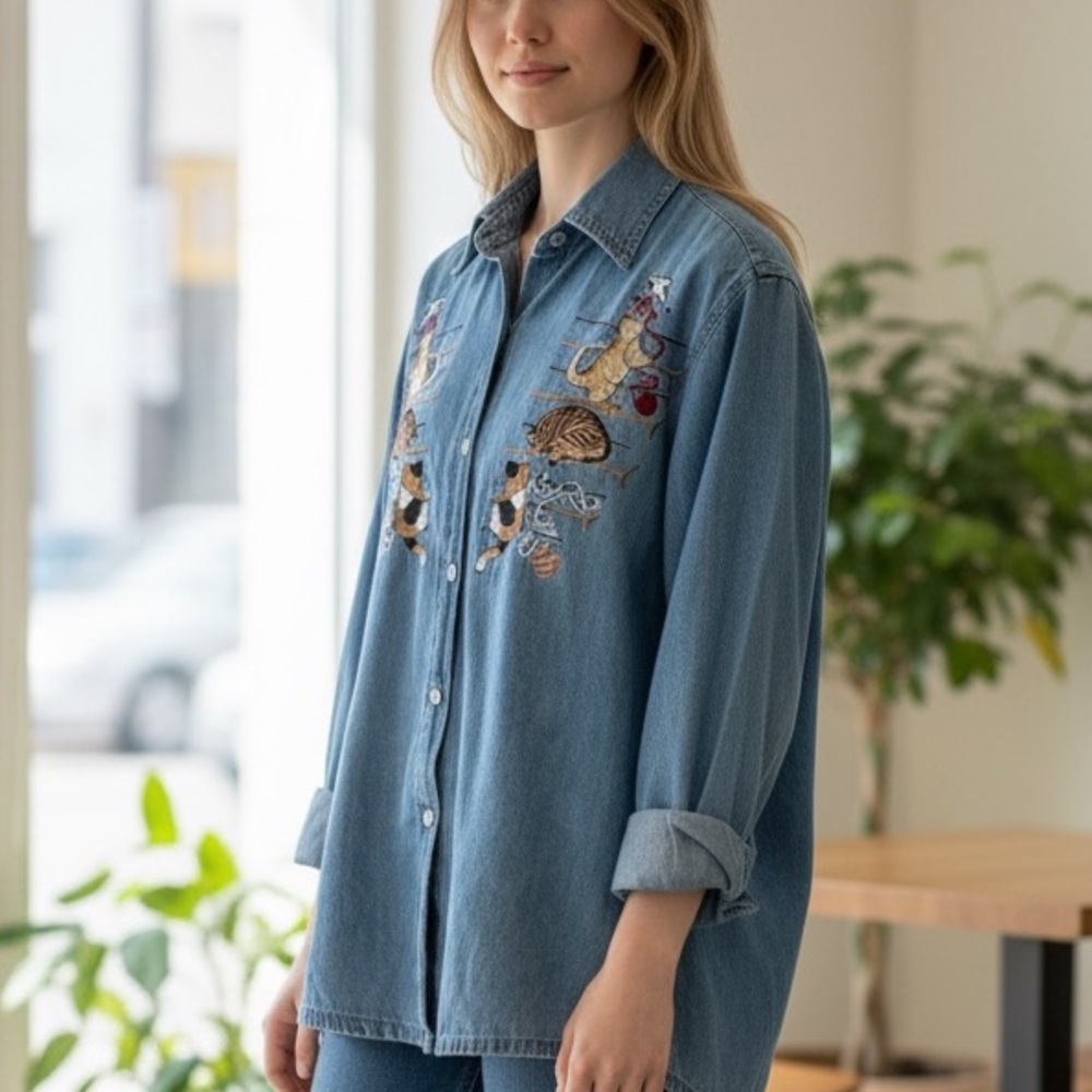 90s Vintage Embroidered Cats Denim Shirt Size L
